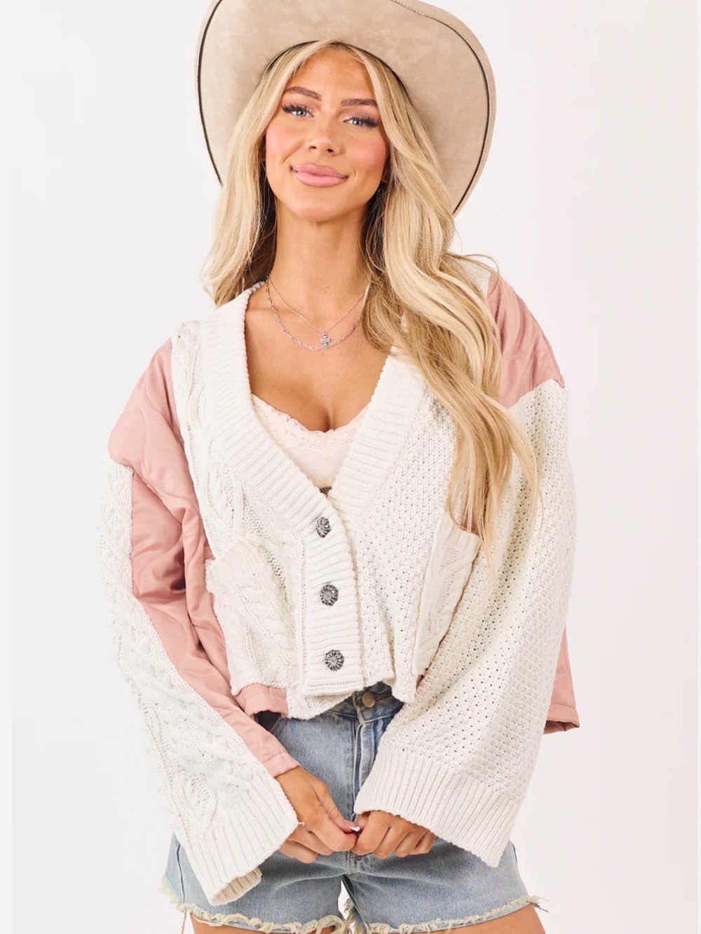 POL Cream Cable Knit Cardigan Quilted Pink Satin Patchwork Button Front Size M - Picture 1 of 15